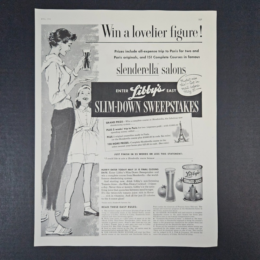 1958 Libby's Tomato Juice Slim-Down Sweepstakes Expired Vintage Print Ad Paris